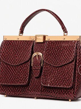La Gioe di Toscana Leather Snakeskin Embossed Satchel Bag Rose Gold Hardware